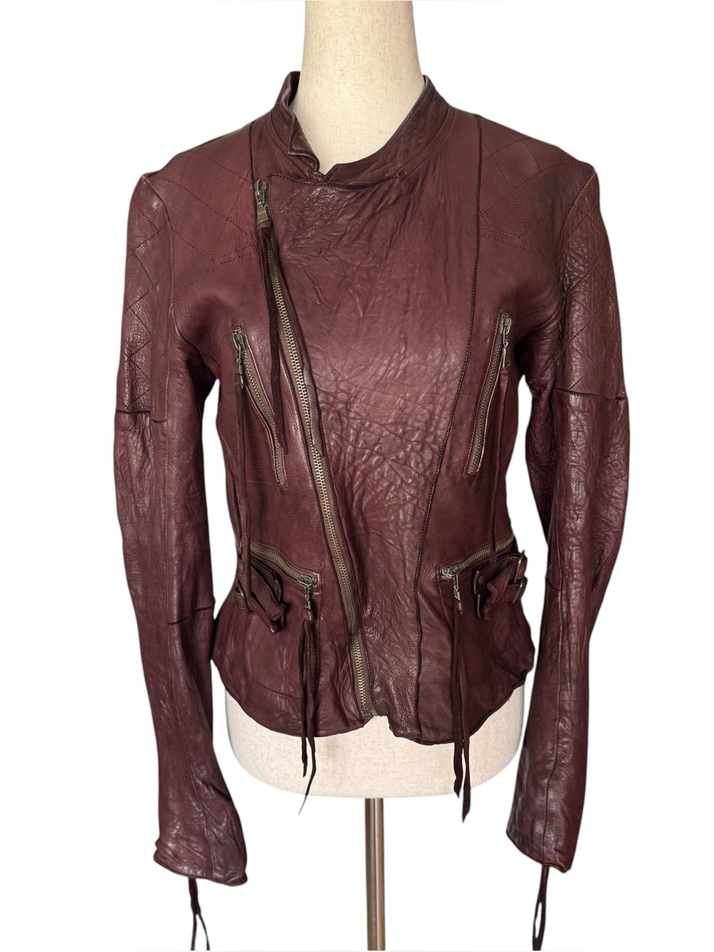 Vintage y2k Christian Peau Burgundy Goat Leather Moto Jacket sz 38 - Picture 6 of 16